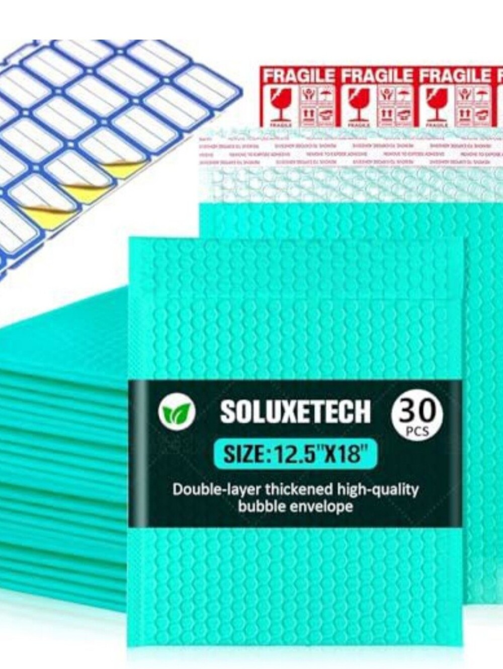 Soluxetech Large Bubble Mailers 12.5x18'' Turquoise 30 Pack & 24PCS Fragile Stic